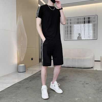 2023新款夏季男士短袖t恤高端休闲冰感天丝罗马运动短裤套装男