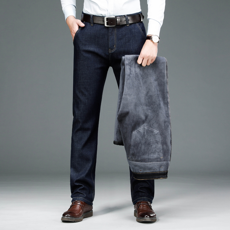 冬季新款灰色水晶绒加绒加厚宽松直筒中年大码中高腰商务牛仔男裤