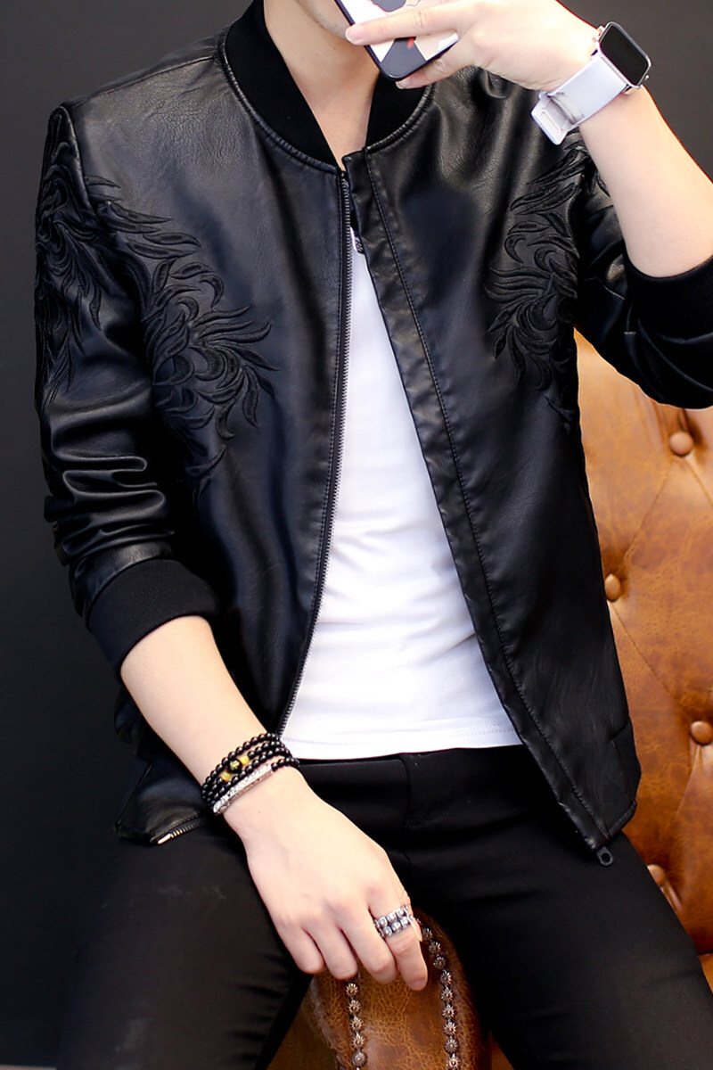男士刺绣皮衣春秋季新品时尚潮牌修身立领卡克衫机车短款茄克