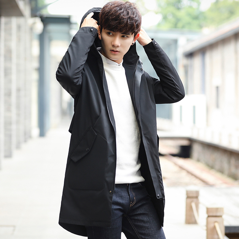 男士风衣2018新款外套男秋季休闲帅气韩版潮流黑色连帽中长款