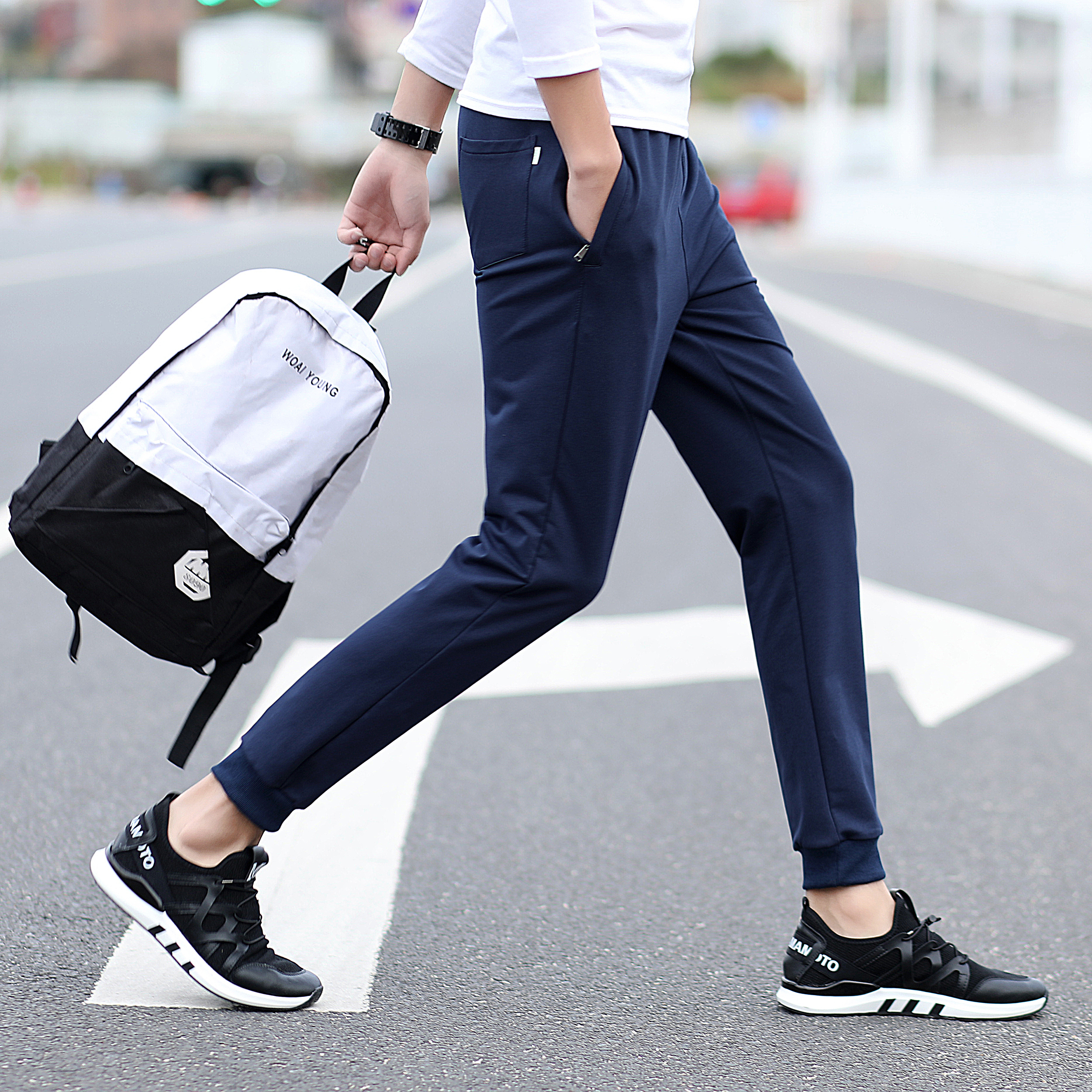 休闲男裤子2018冬春季新款训练运动裤反光速干小脚户外长裤