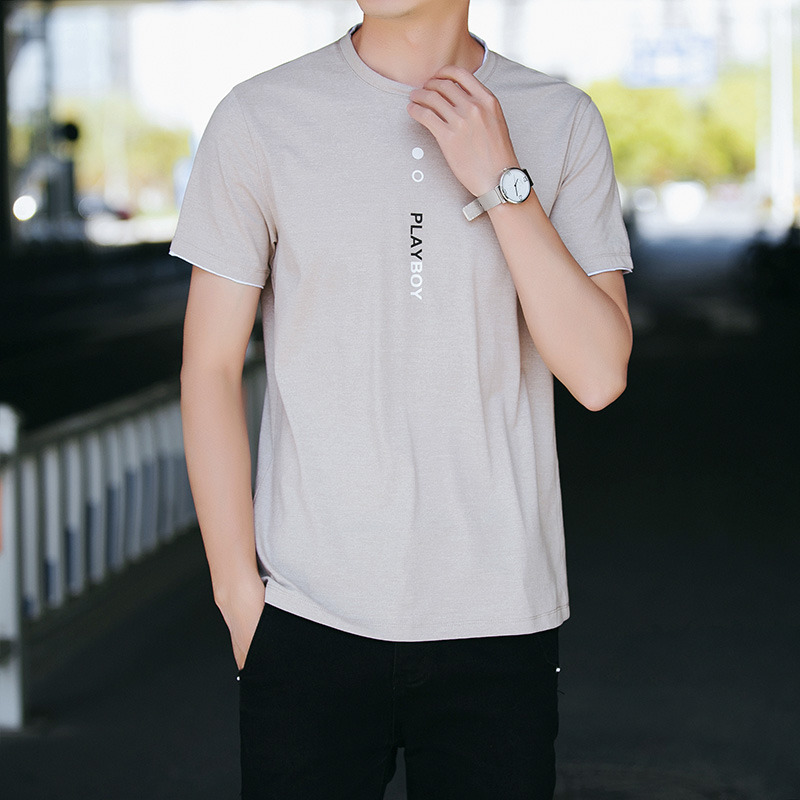 花花公子短袖t恤男韩版纯棉修身圆领印花半袖夏季男装纯色潮流