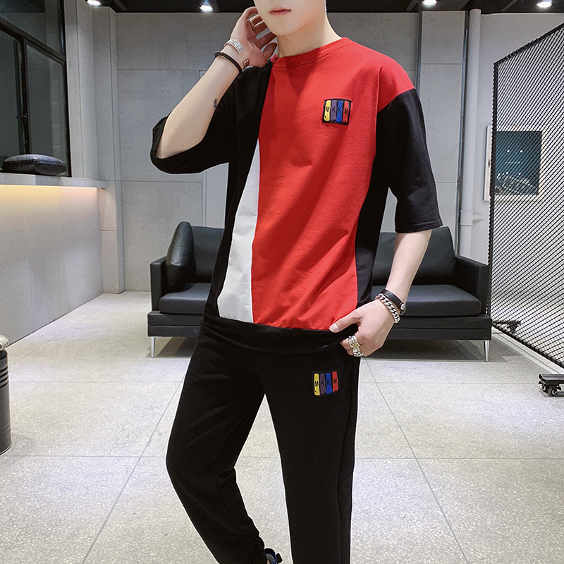 夏季短袖t恤套装男士潮牌长袖2019新款潮流男装一套搭配帅气