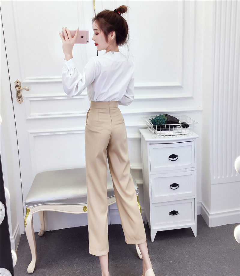 网红春夏新款气质不规则玉石扣白衬衫 高腰显瘦九分裤套装女
