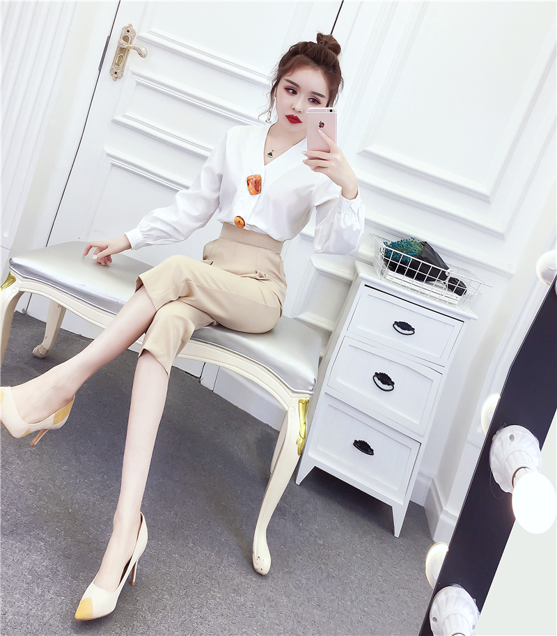 网红春夏新款气质不规则玉石扣白衬衫 高腰显瘦九分裤套装女