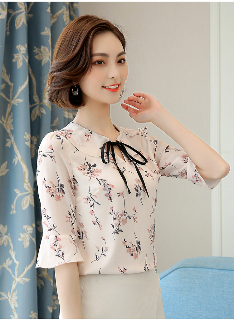 图荣短袖雪纺衫女夏季韩版时尚气质系带植物印花上衣女装一件代发