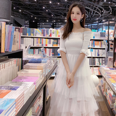 2019夏天新款超仙淑女一字肩拼接中长款网纱连衣裙蛋糕裙女-青创网