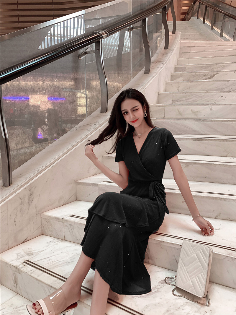 2019夏季抖音网红爆款荷叶边鱼尾裙显瘦收腰连衣裙女~带腰带