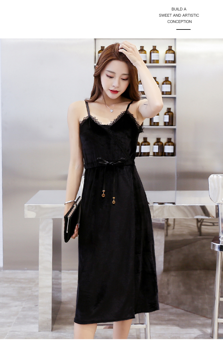 2019夏季新款女式金丝绒拼接蕾丝吊带裙收腰显瘦连衣裙长袖女