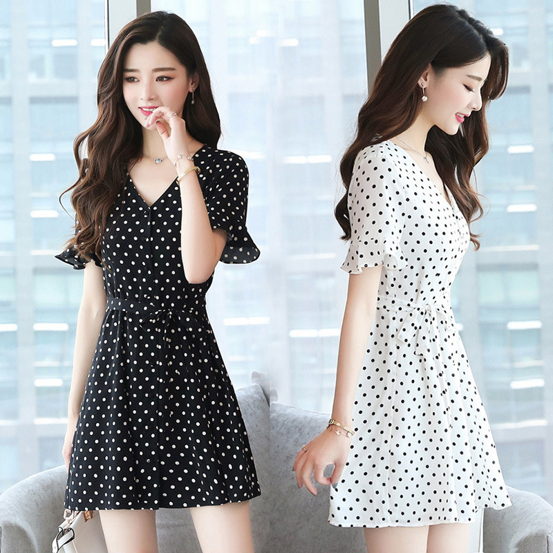 大码a字短裙复古ins超火的雪纺连衣裙女2019夏新款波点裙