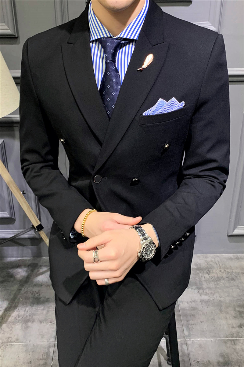 新款男士休闲西服套装3件套双排扣小西装修身青年男装结婚礼服潮