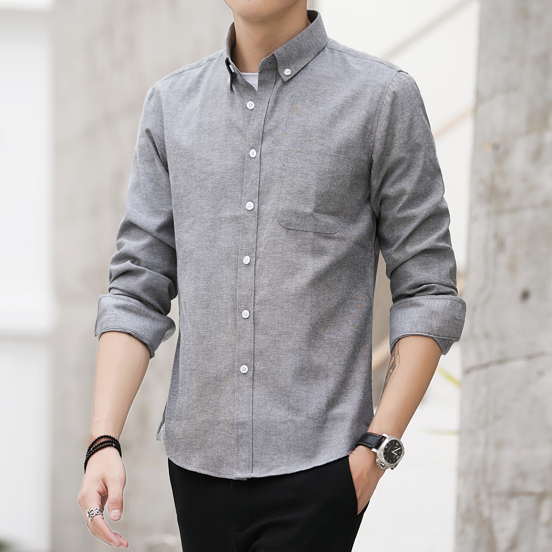 秋季牛津纺男士长袖衬衫青年休闲白衬衣韩版修身衣服