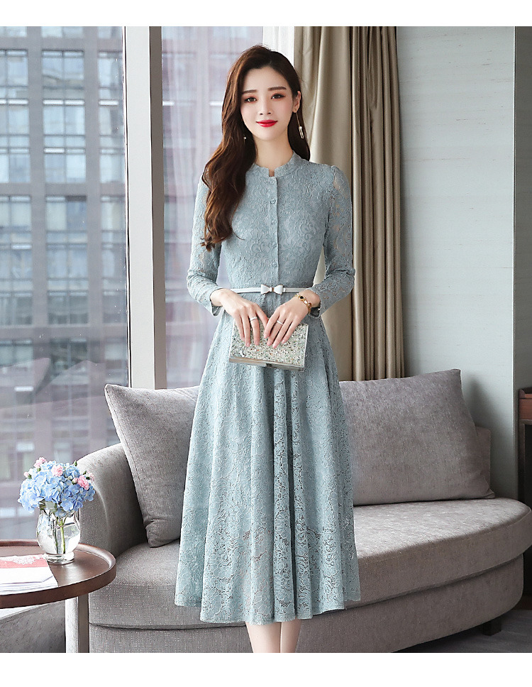 女士长袖蕾丝连衣裙2019春秋新款中长款气质裙子修身收腰长裙