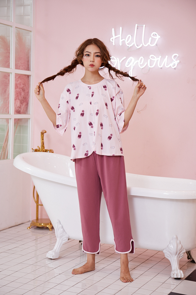 佳洁儿春夏季女士冰爽时尚休闲菠萝印花短袖长裤可外穿睡衣家居服