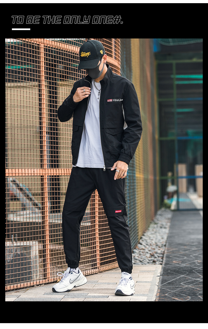 2019秋季新工装男两件套男士休闲运动服套装男式夹克潮