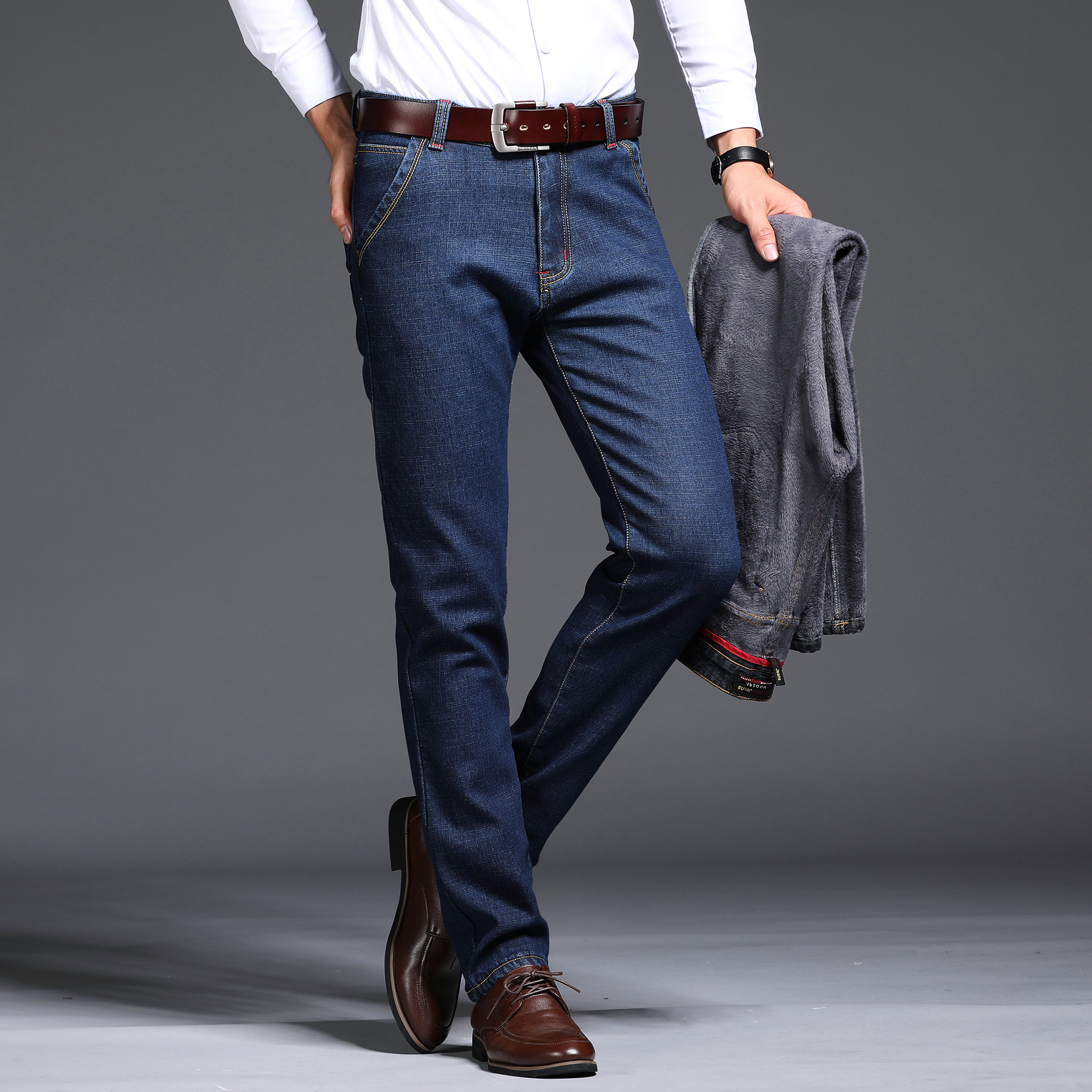 商务加绒款男士牛仔裤直筒修身弹力宽松大码男休闲长裤