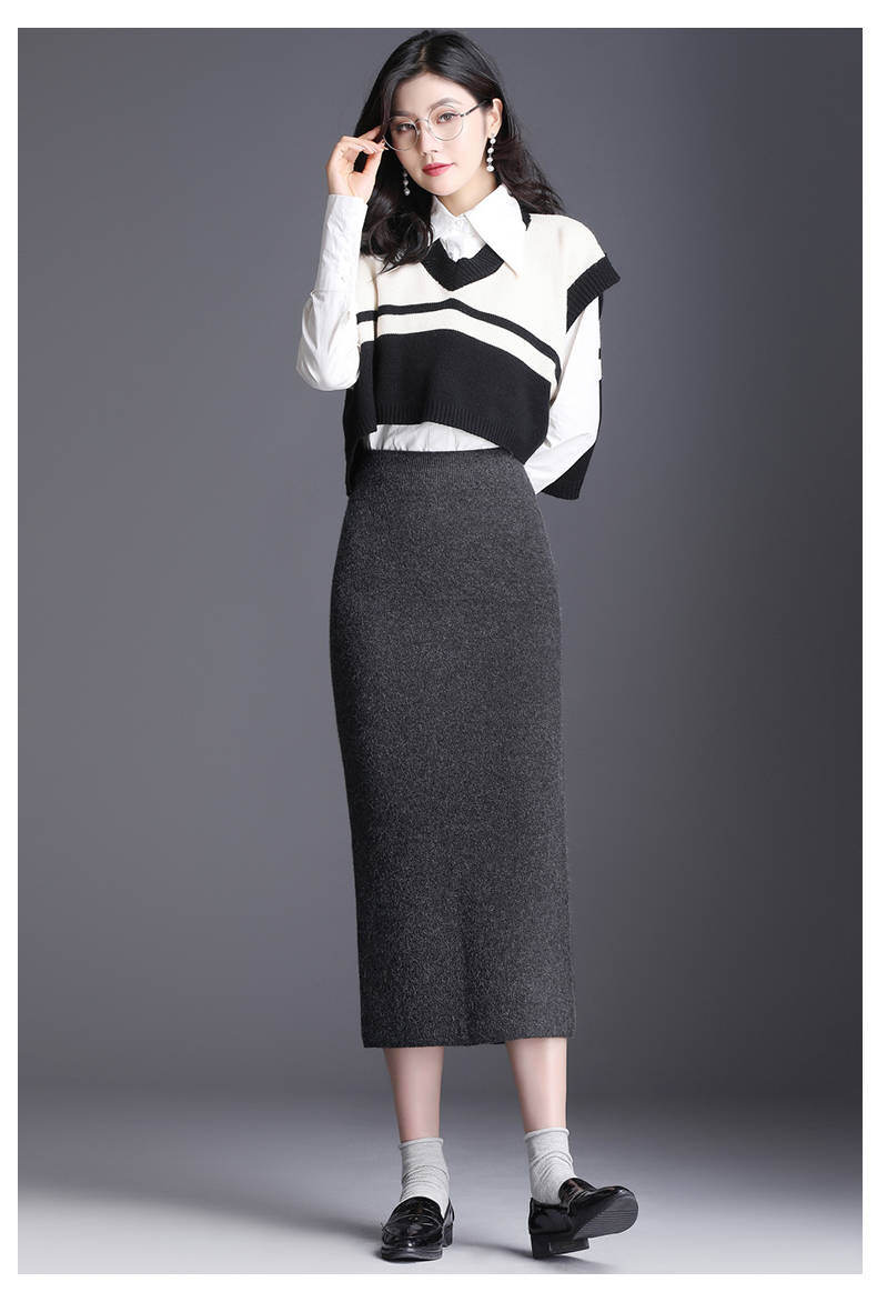 不褪色厚针织包臀半身裙毛线裙子中长款开叉一步裙女