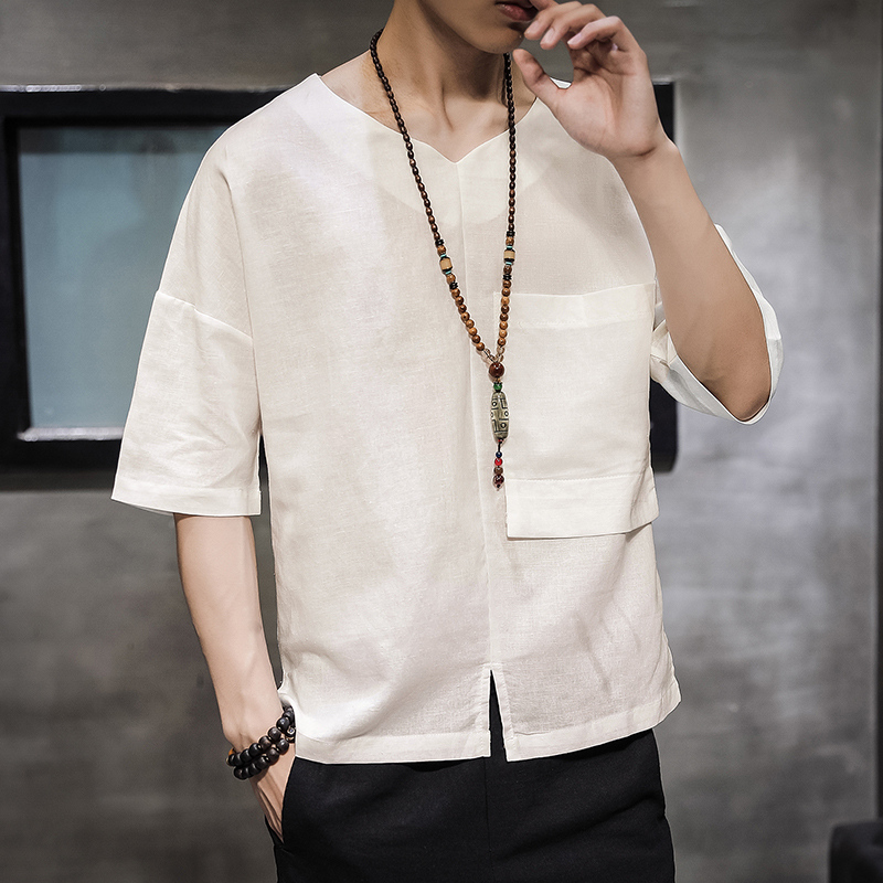 1823^中国风刺绣古风男装体恤纯色宽松夏季亚麻短袖t恤男薄款