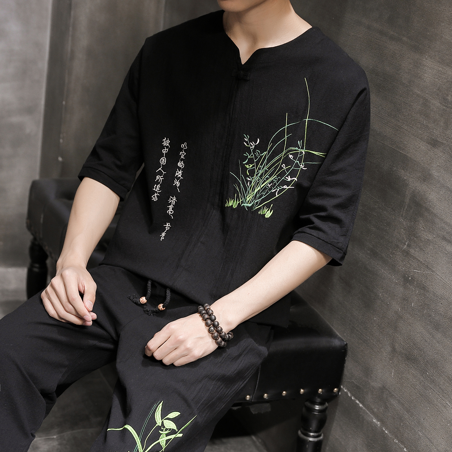 tz01-tz02^夏季中国风男装套装男亚麻刺绣汉服古风棉麻中式短袖