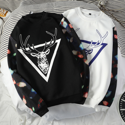 春秋季韩版卫衣男士长袖t恤宽松体恤青少年男装鹿头印花打底衣服