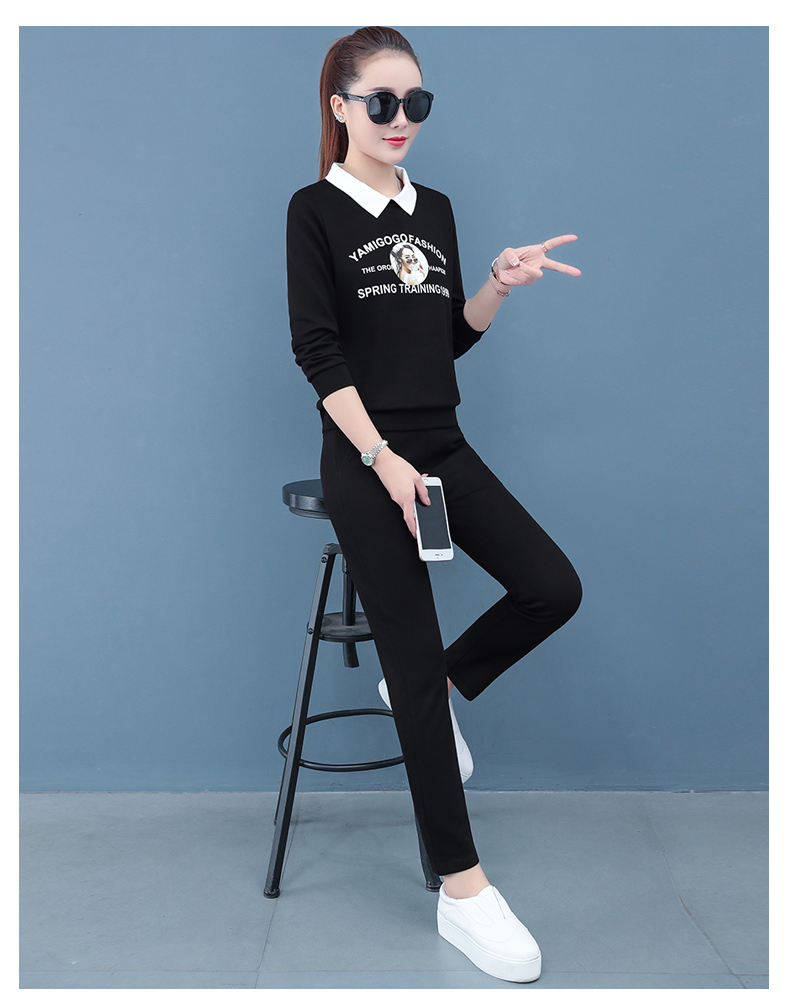 春季新款女士套装假两件卫衣简约印花纯色长裤两件套女装