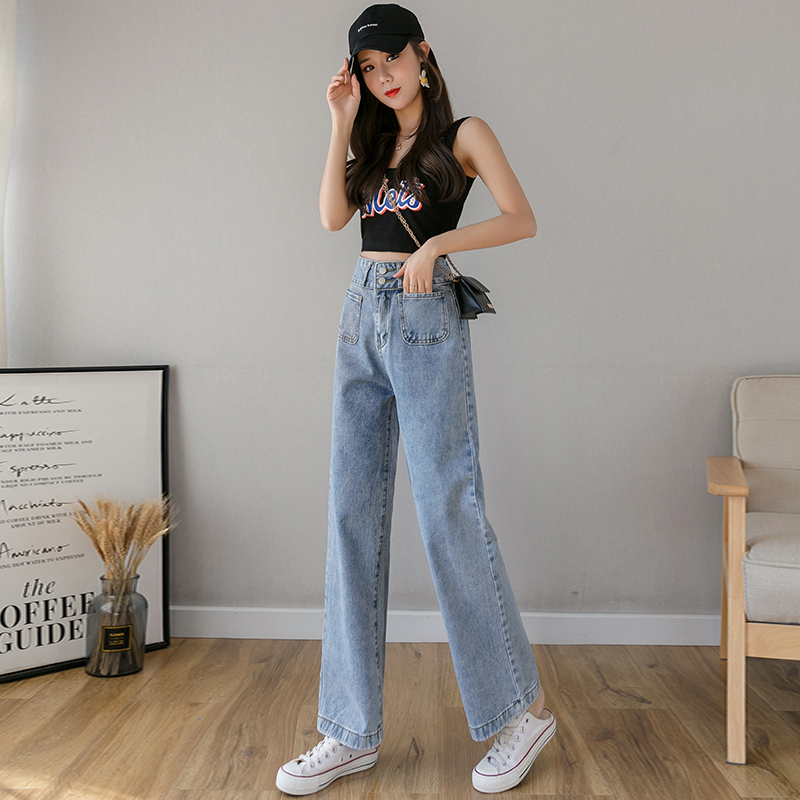 高腰阔腿牛仔裤女2020春季新款网红泫雅ins直筒宽松长裤女