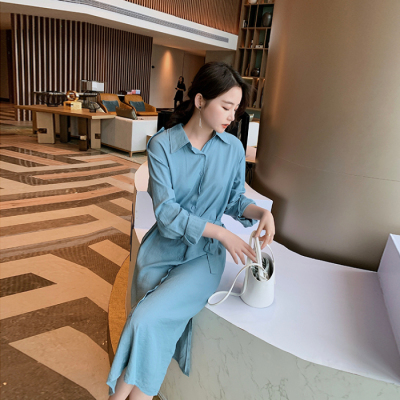 2020春季新款女装女式衬衫裙女连衣裙系带韩版chic长裙女-青创网