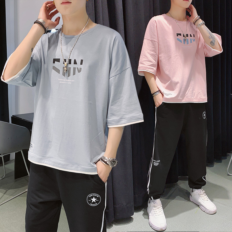 套装男士一套搭配帅气韩版潮流休闲潮男宽松夏季短袖t恤潮牌衣服