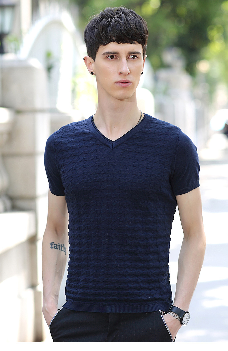 2020春夏上新短袖镂空针织男士冰丝t恤圆领韩版修身潮流薄款