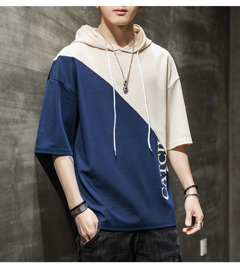 2020春夏季短袖卫衣男新款潮流宽松休闲连帽圆领拼接半袖卫衣