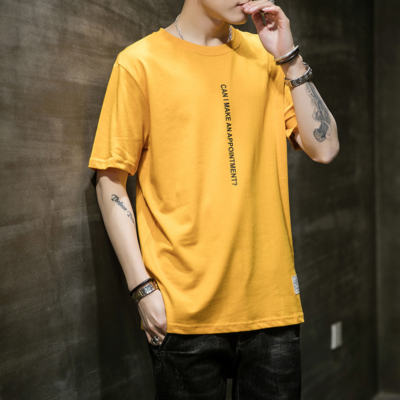 宽松95棉圆领男装t恤青少年 字母印花男式上衣t恤潮流时尚短袖