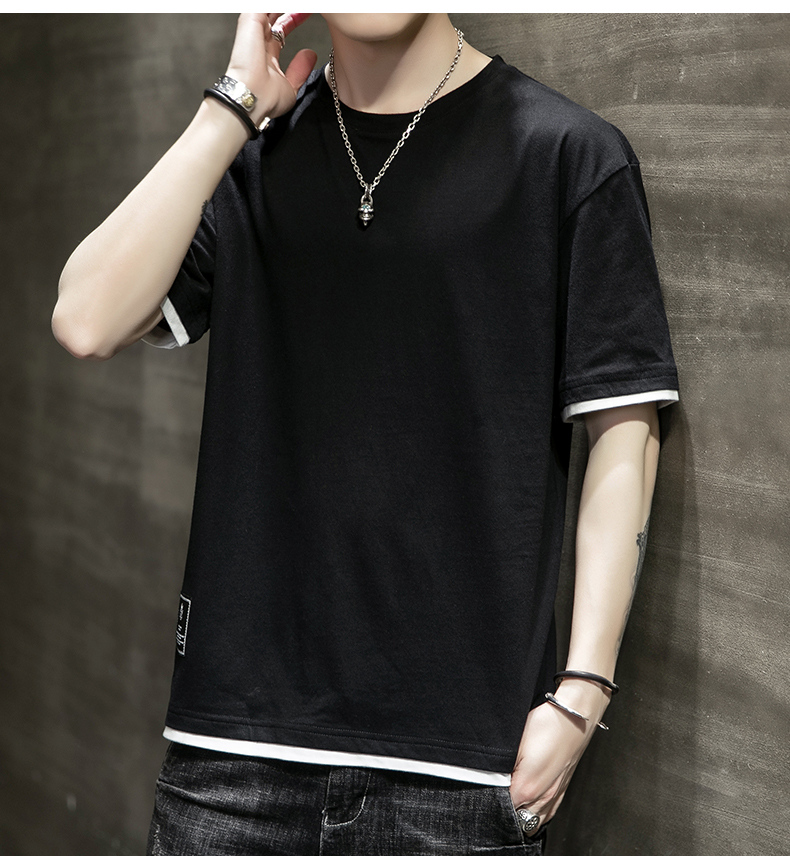 五分袖t恤男短袖韩版潮流假两件半截袖体恤微胖宽松中袖上衣定制