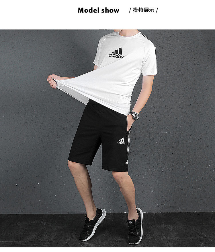 阿迪达斯运动套装男夏季纯棉t恤短袖短裤三件套跑步服套装