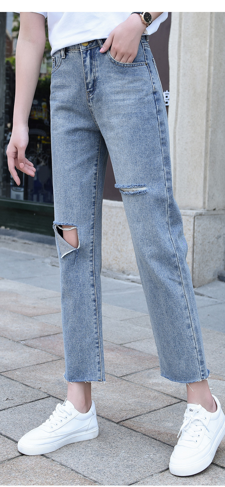 2020新款夏季牛仔裤女哈伦破洞直筒裤8分9分裤子