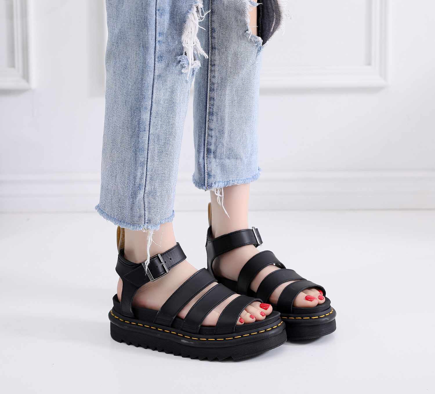 dr马丁博士头层牛皮女士凉鞋松糕鞋厚底增高