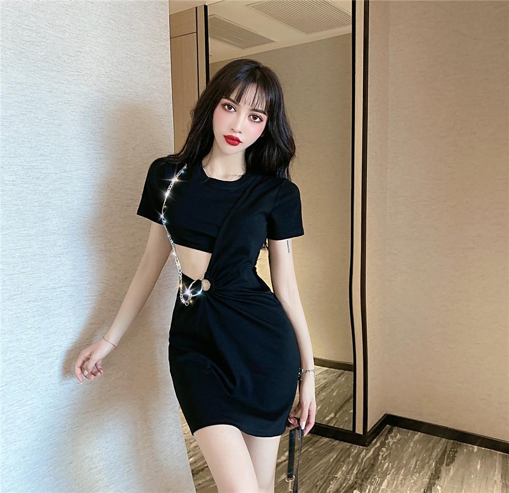 实拍实价镂空连衣裙女露腰性感心机小黑裙紧身包臀t恤裙