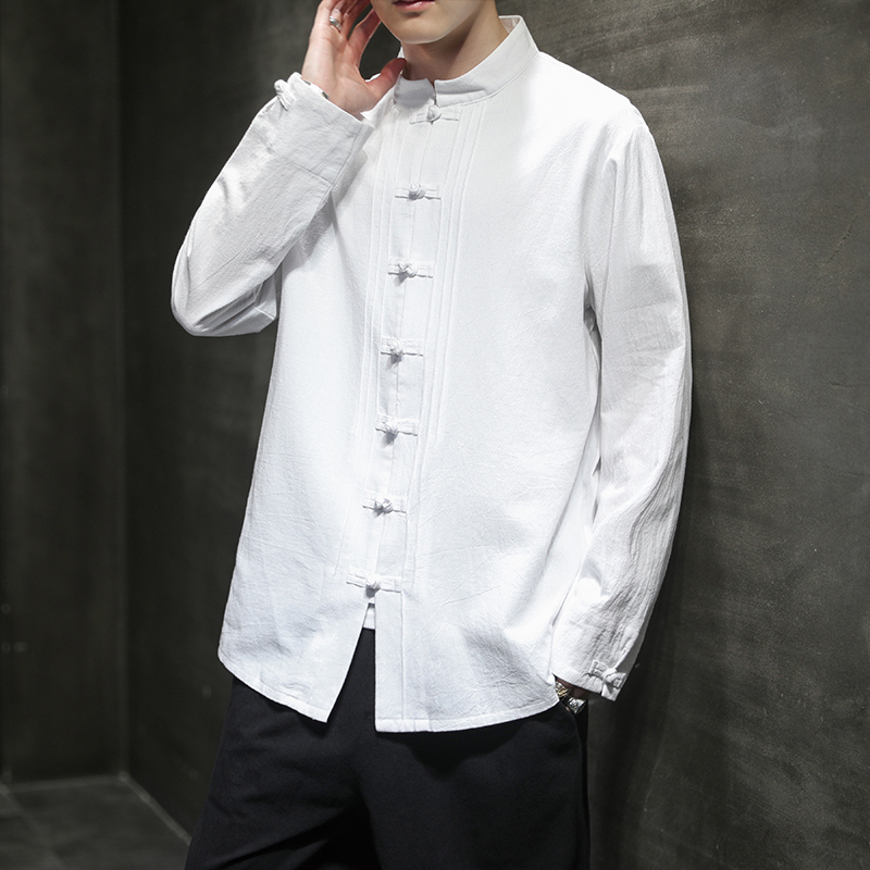中国风秋季新款长袖宽松棉麻盘扣衬衣男qt4003-nb26 p60