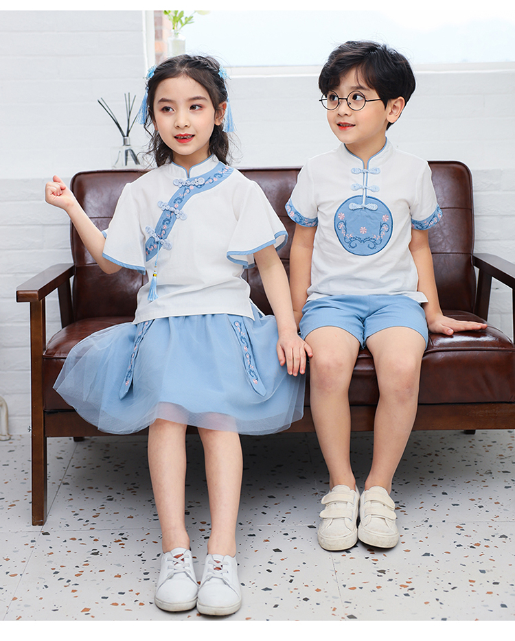 幼儿园六一表演服 唐装短袖套装 中式古典校服