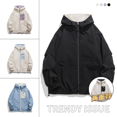 （9283-1公版）日系休闲外套男女春秋双面穿连帽冲锋衣灯芯绒外套魔术贴