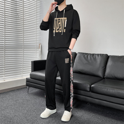 新中式国潮印花男士秋季套装潮牌宽松连帽卫衣青少年搭配一整套装