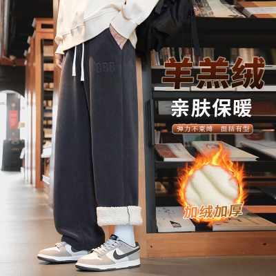 羊羔绒裤子男生冬季2024新款加绒加厚男士休闲棉裤加绒加厚秋冬款直筒卫裤