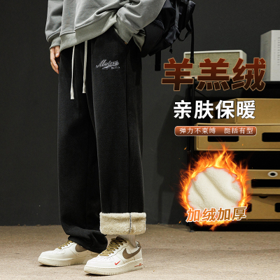 羊羔绒裤子男生冬季2024新款加绒加厚男士休闲棉裤加绒加厚秋冬款直筒卫裤