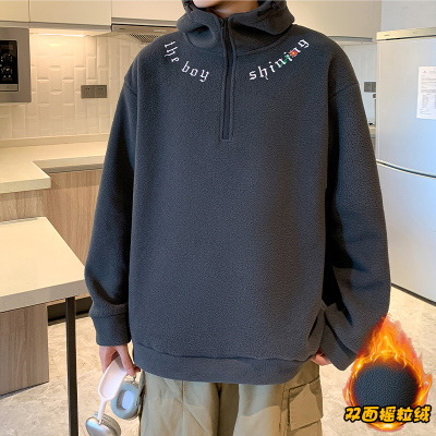 摇粒绒加绒卫衣男秋冬保暖连帽半高领外套男士上衣新款冬季男装