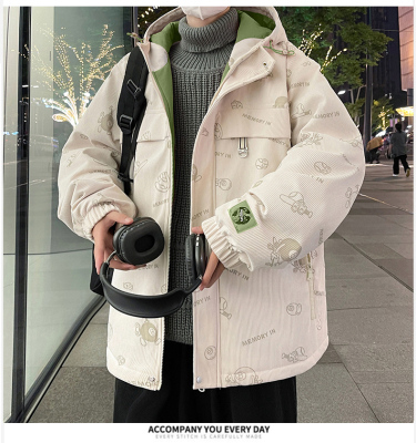 冬季新品时尚休闲运动羽绒棉衣男连帽保暖拼色灯芯绒加绒棉袄夹克男