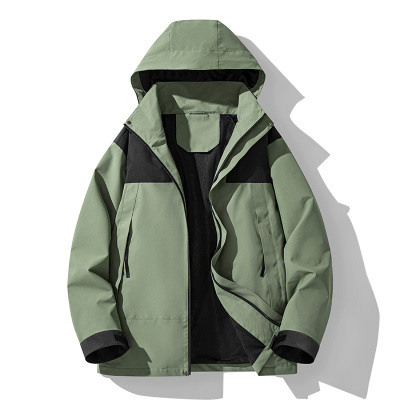 高品质户外情侣拼色登山服女防水防风可脱卸帽运动夹克冲锋衣男女单冲2388