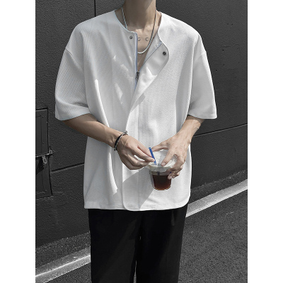 小众设计纯色衬衣港风休闲复古开衫宽松短袖衬衫