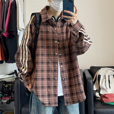  三条杠格子开衫衬衫外套新款长袖痞帅宽松休闲百搭外套