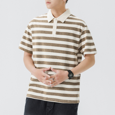 【柏林服饰】2025年男士夏季新款POLO衫休闲宽松上衣翻领百搭条纹短袖