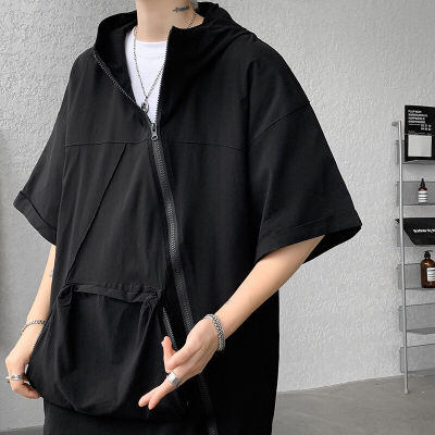 8XL-M特大码冰丝速干拼接t恤斜襟连帽拉链短袖卫衣七分袖DX324P55