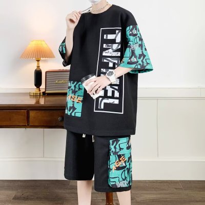 2025新款青少年夏季套装男孩初中学生短袖t恤潮牌帅气衣服